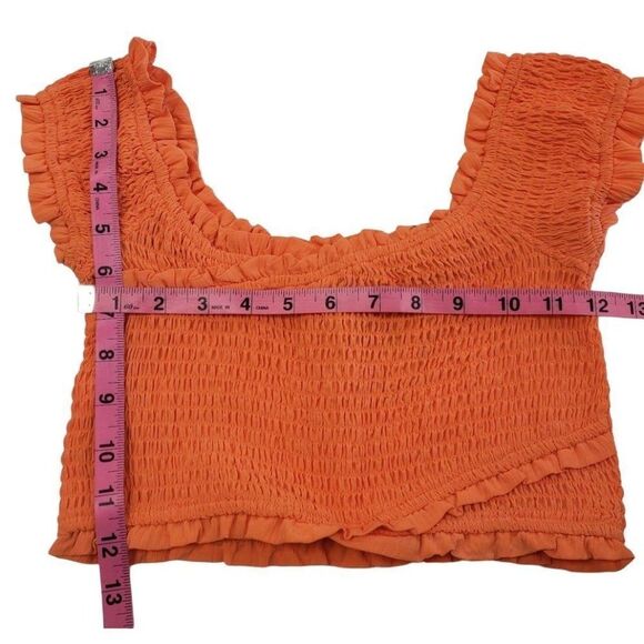 BCBGeneration Crop Top Women's‎ XS Orange Smocked Off-The-Shoulder Stretch NEW - Picture 4 of 11